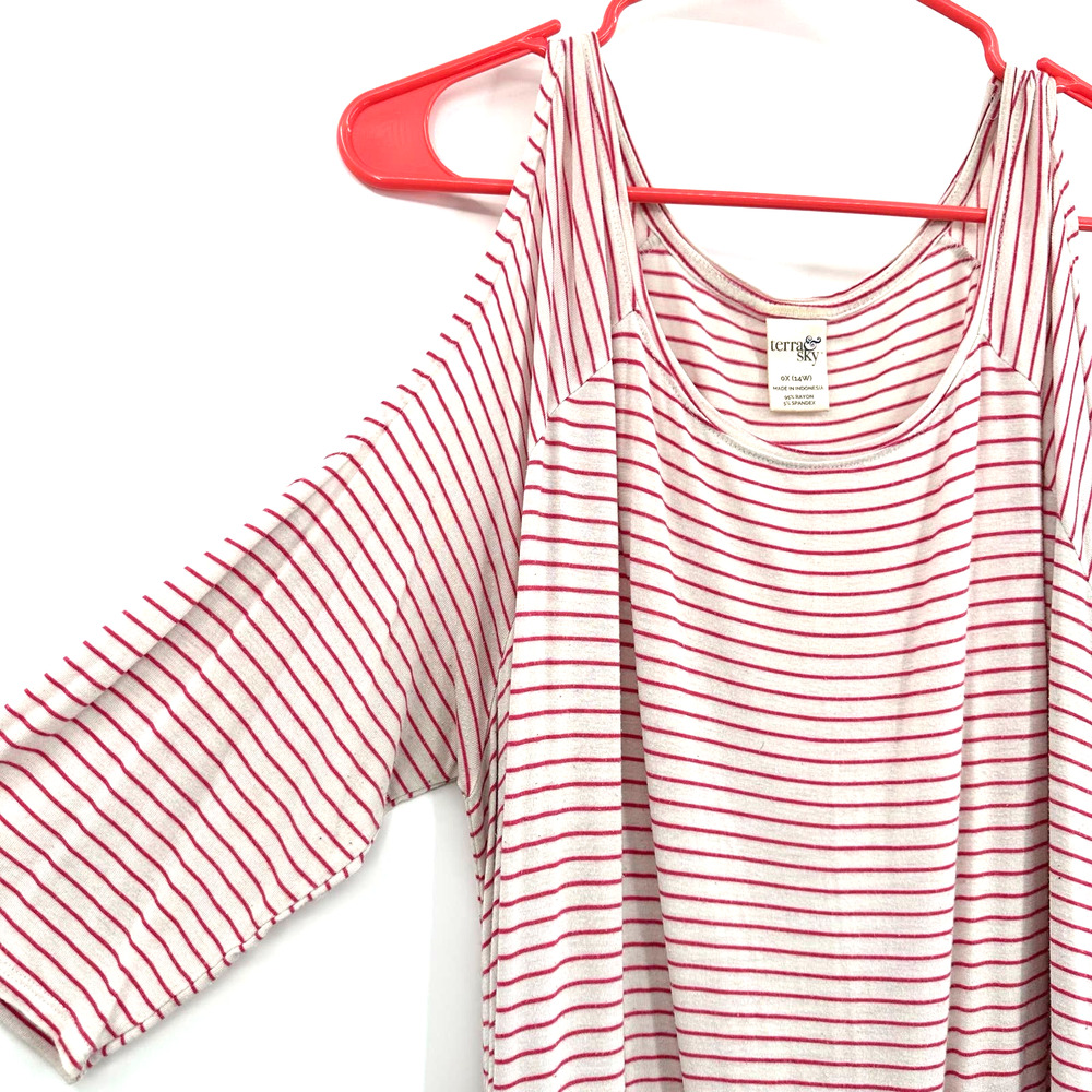 Terra & Sky size XL red white striped short sleeve cold shoulder shirt top - Picture 3 of 4